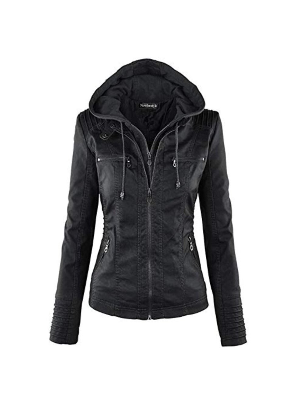 Faux Leather Hooded Motorcycle Jacket Slim Fit Quilted Moto Women